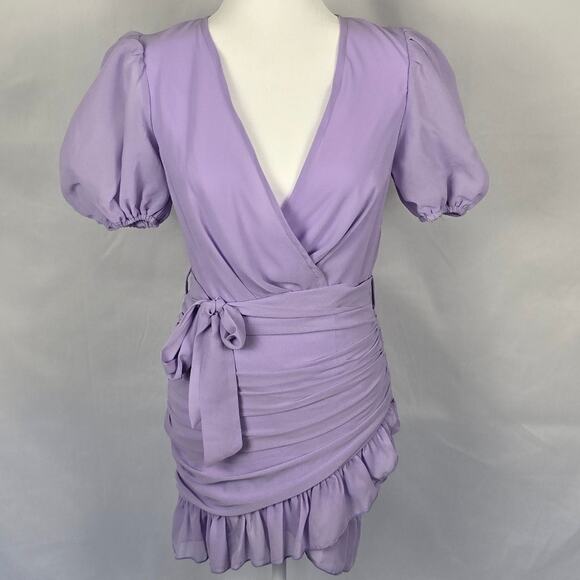 NWT PrettyLittleThing Lilac Puff Sleeve Wrap Mini Dress Size 4 Ruffle Hem - Picture 4 of 6